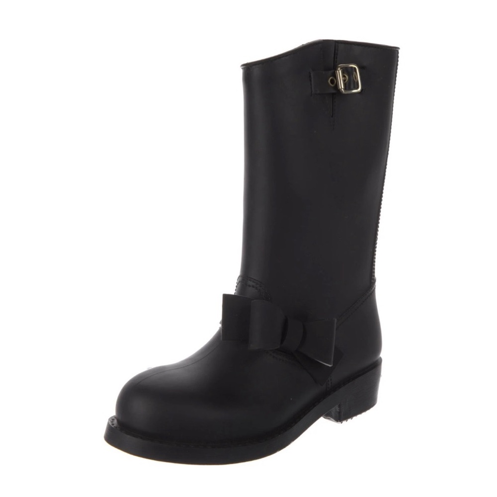 Valentino RED Designer Black Chic Rubber Boots with Ankle Bow Accent and Buckle